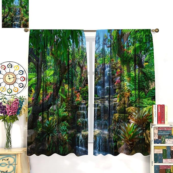 Waterfall Blackout Window Curtains, Spring Forest Nature Landscape Theme Pattern Print Window Drapes, for Living Room Bedroom 63x63in 2 Panels