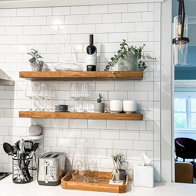 URBANDI, Rustic Floating Shelves, Set of 2, Hidden Bracket, Solid Wood, Heavy Duty, Wall Mounted Shelves, (Brown, 60Wx8D)
