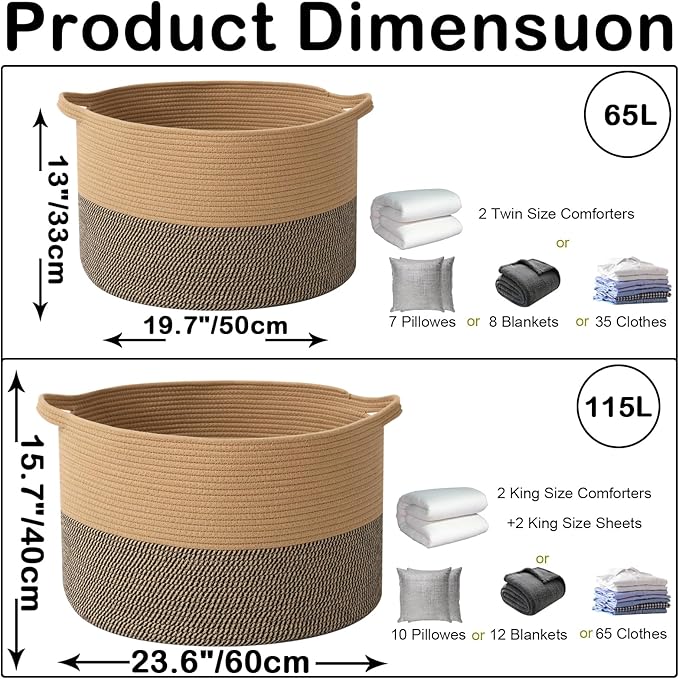 Large Blanket Basket for Organizing,115L Closet Organizers and Storage Bins Box for Shelves Woven Rope Storage Baskets,Living Room,Bedroom,Dorm,Laundry room (Jute&Black)