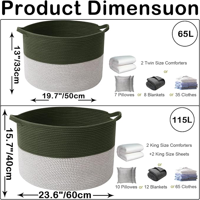 Large Blanket Basket for Organizing,65L Closet Organizers and Storage Bins Box for Shelves Woven Rope Storage Baskets,Living Room,Bedroom,Dorm,Laundry room (Green&White)
