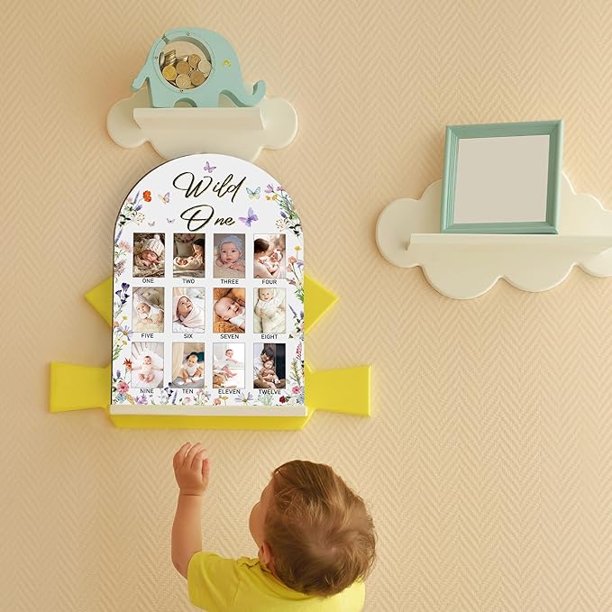 Wild One My First Year Photo Board, Wildflower Baby Milestone Signs for Boys Girls Nursery Decor, 12 Month Wooden Picture Board for 2x3 Photos, Best Babies Keepsake Gifts-A19