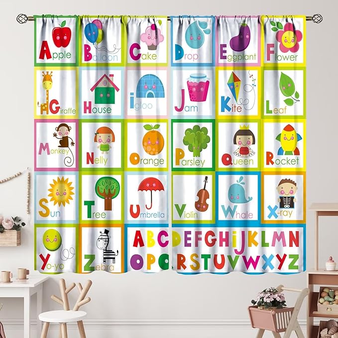 Kids Alphabet Curtains Cute Cartoon Education Learning Funny Teaching Words Curtain with Rod Pocket for Bedroom Nursery Home Decor Drapes Window Treatments 2 Panels Set 42" W X 63" L