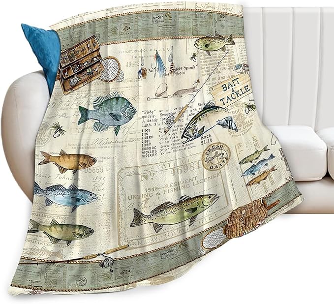 Tijuboni Fishing Throw Blanket Cabin Fishing Gifts for Men Boys Women Girls Adults Kids Soft Flannel Fleece Blanket for Couch Sofa Bed Home Decor 60"x80"