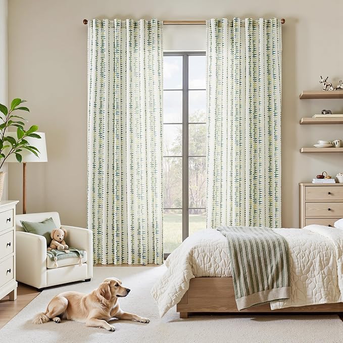 jinchan Linen Nursery Curtains for Living Room Boho Curtains for Bedroom Kids Room 84 Inches Long Geometric Printed Farmhouse Drapes Rod Pocket Window Treatment Curtain Set of 2 Panels Green