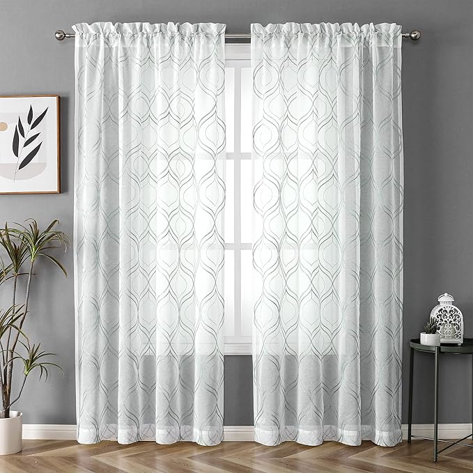 VISIONTEX White Sheer Curtains 95 Inches Long 2 Panels Set Green Moroccan Embroidered Curtains Trellis French Textured Rod Pocket Voile Tulle Semi Window Drapes for Bedroom Living Room 54 x 95 Inches