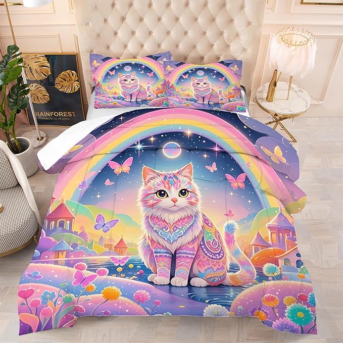 Cat Comforter Set Queen: Rainbow Cat Bedding Set Cartoon Exotic Kitten Floral Feline Castle Quilt for Women Girls Teens Adults Colorful Butterfly Pet Animal Bed Set 3 Piece
