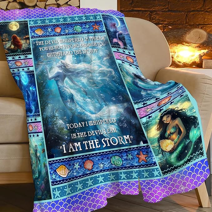 Mermaid Blanket for Girls Blue Ocean Throw Blankets Soft Cozy Warm Fuzzy Fleece Marine Life Shells Bedding Flannel Throws Stuffed Animal Gifts for Mermaid Lovers Kids Men Women Bedroom Decor 50"x40"