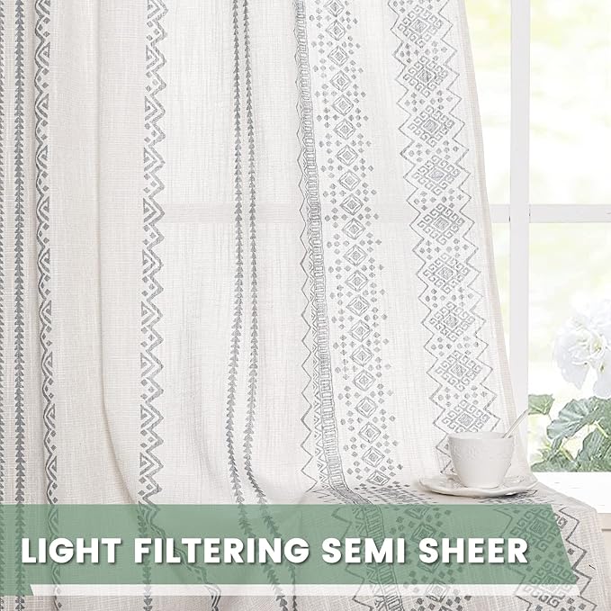 MEETSKY Boho Curtains Geometric Semi-Sheer Cotton Curtains 2 Panels Back Tab Curtains 63 Inches Long Light Filtering Printed Window Drapes for Living Room Home Decorative Drapes for Bedroom