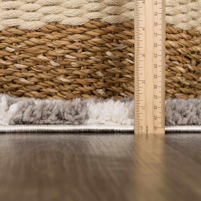 Hauteloom Kieu Contemporary Checkered Fluffy Shag Area Rug - Modern Geometric Soft Carpet Tiles for Living Room, Kids Room, Nursery - Gray, Light Grey, White - 5'3" x 7'