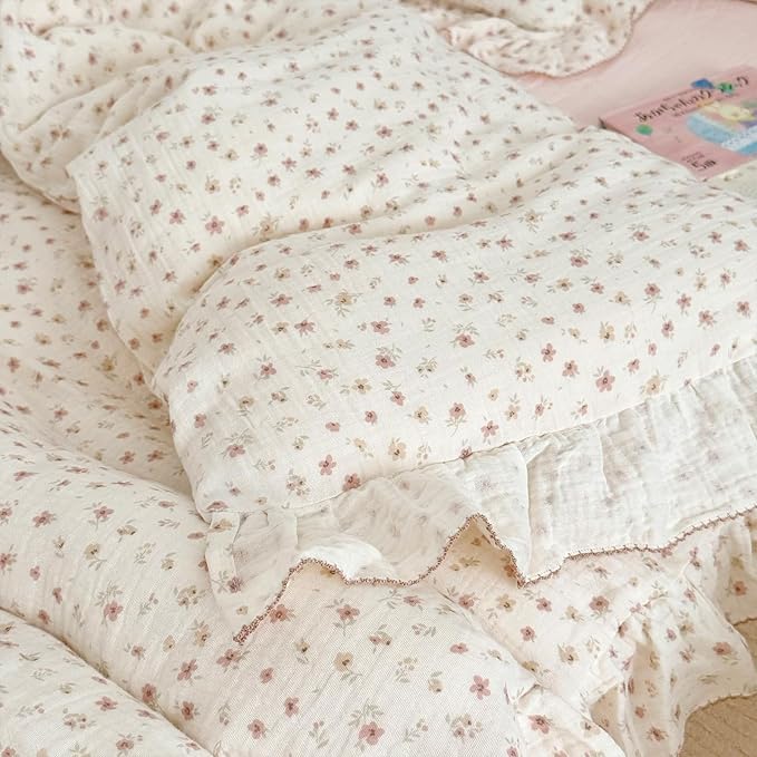 BuLuTu Princess Ruffled Muslin Duvet Cover for King Bed, 100% Cotton Bedding Soft Lightweight Quilt Cover with Zipper, Chic Shabby Pink Floral Print Comforter Cover 90"x104", No Pillow