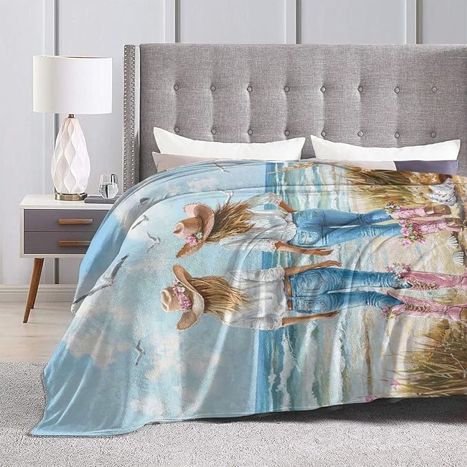 Coastal Cowgirl Blanket Cowgirl Beach Decor Throw Blanket Super Soft Flannel Lightweight Fluffy Plush Fuzzy Fleece Western Blanket Gifts for Girl Woman Boys Kids Adults Man for Bed Sofa 60"X80"
