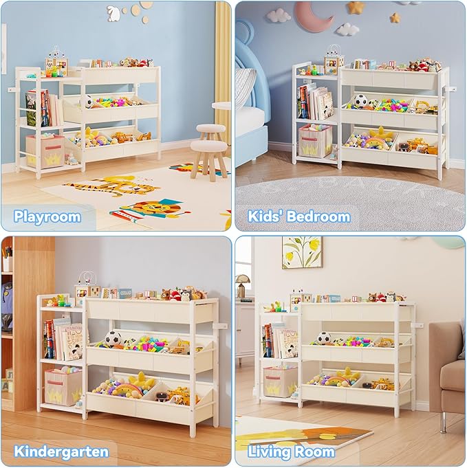 B7 Toy Storage Organizer with 3-Tier Wooden Shelves and 8 Bins, Toy Chest Storage, Toy Shelf Organizer, Kids Bookshelf and Toy Storage for Kids Room, Bedroom, Playroom, Nursery, White