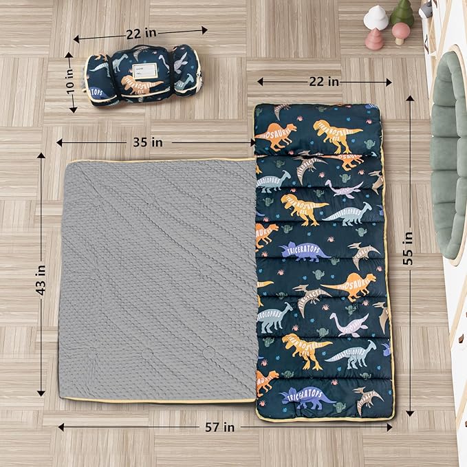Primlect Thickened Toddler Nap Mat with Removable Pillow and Minky Blanket, Extra Large 55''x35'' Sleeping Bag, Washable, Roll up, Perfect for Daycare, Preschool, Kindergarten, Boys and Girls Dinosaur
