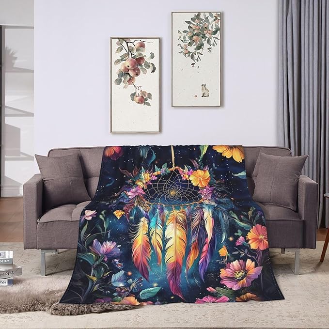 Dream Catcher Blanket Floral Feather Decor Throw Blanket Super Soft Flannel Lightweight Fluffy Plush Cozy Fuzzy Fleece Gifts Blanket for Girl Woman Man Boys Kids Adults for Bed Sofa 40"X50"