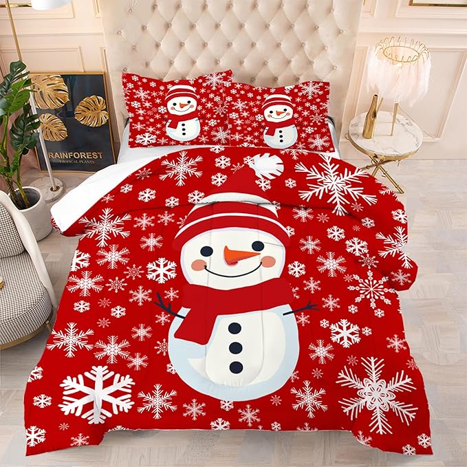 Comforter Set Christmas Snowman: Full Size Xmas Snowflakes Red Bedding Sets for Kids Teens Girls Boys Christmas Decor Winter Snow 3 Piece Quilt Bed Set 1 Comforter & 2 Pillowcases