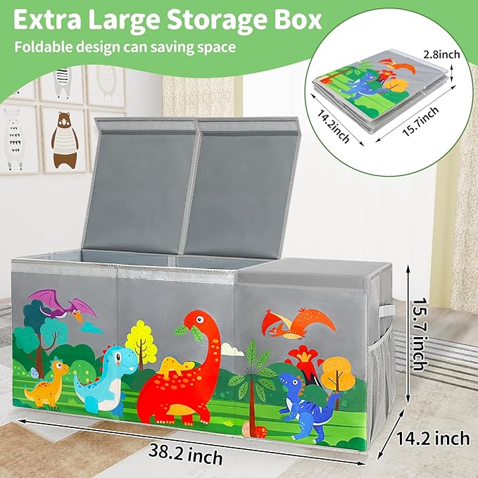 Extra Large Toy Box Chest with Lids, Collapsible Toy Storage Organizer for Kids, Dinosaur Toy Bin Box for Toddlers Boys Girls, Toy Organizer for Living Room Nursery Playroom Bedroom Home Gray