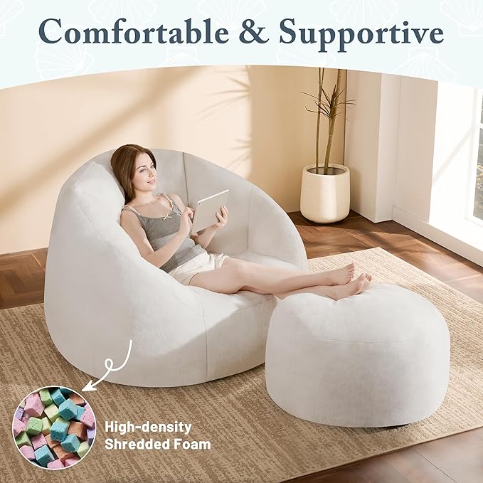 Giant Bean Bag Chaise Lounge Indoor Chair for Adults with Ottoman - Comfy Plush Round Shell Soft Accent Chair, Oversized Cozy Floor Sofa for Living Room, Bedroom & Game Rooms, Beige
