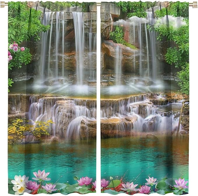 Waterfall Blackout Window Curtains, Rocky Waterfall to Pond Running Off Scenic Nature Themed Picture Print Window Drapes, for Living Room Bedroom 42x45in 2 Panels