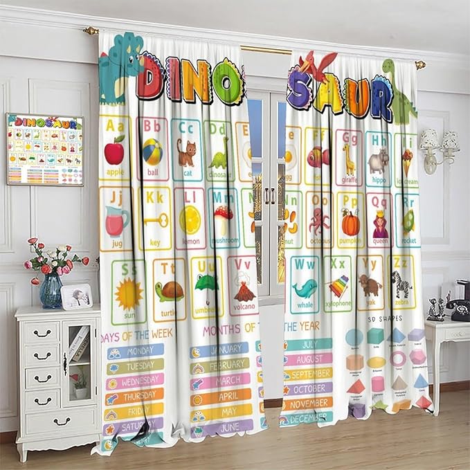 Funny Kids Alphabet Curtain, Cartoon Animal Alphabet Learning Dinosaur Boys Kids Students Baby Educational Colorful Blackout Window Treatments for Bedroom Living Room School 84" W X 84" L