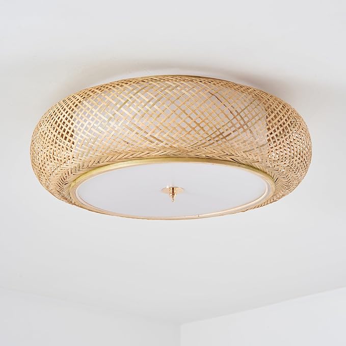 Bamboo Flush Mount Ceiling Light Handwoven Rattan Light Fixture, 3 Lights Boho Ceiling Lamp for Bedroom, Living Room (23-inch)