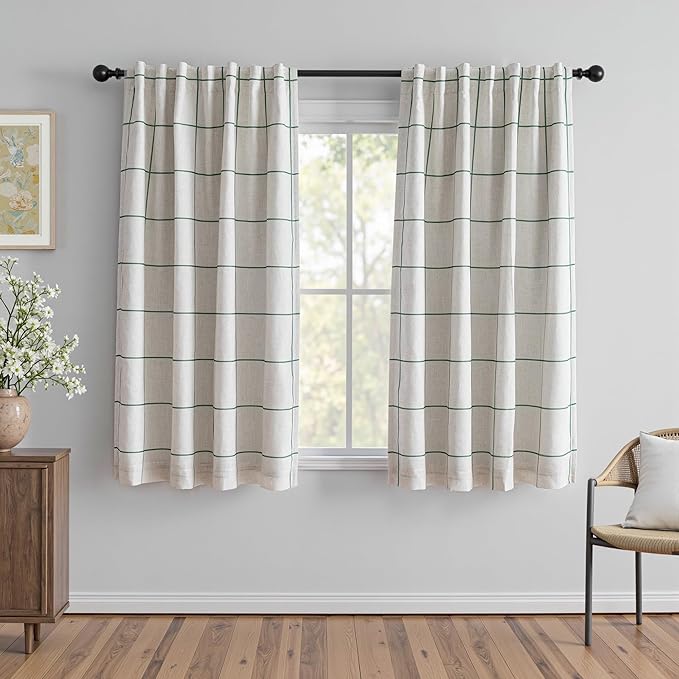 MYSKY HOME 100% Blackout Plaid Linen Curtains 63 Inches Long Double Layer Farmhouse Thermal Insulated Checkered Print Drapes with Rod Pocket Back Tab for Bedroom Living Room, 2 Panels, 52"Wide, Green