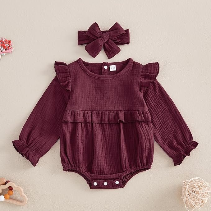 Newborn Infant Baby Girl Clothes Cotton Linen Long Sleeve Smocked Bubble Romper Ruffle Bodysuit Jumpsuit Fall Outfit