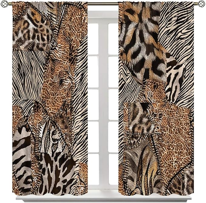 Leopard Print Curtains, Brown Wild Cheetah Zebra Animal Fur Farmhouse Window Curtains for Bedroom Kitchen Living Room 42" W X 54" L