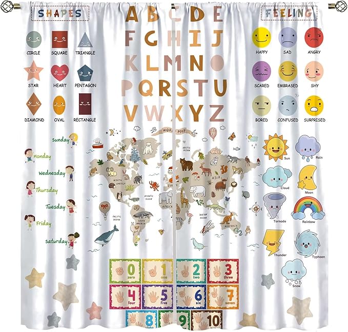 Kids Educational Curtain,Pastel ABC Alphabet Continents Map Numbers Shapes Weather Learning Tools Boy Girl Nursery Rod Pocket Blackout Window Treatments for Bedroom Living Room 72" W X 63" L