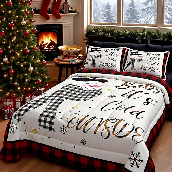 Kids Christmas Snowman Comforter Set King Size,Snowflake Winter Bedding Set,Girls Boys Adults Xmas Decor,Geometric Grids Lattices Patch Down Comforter,Red Rustic Vintage Duvet Insert,2 Pillowcases