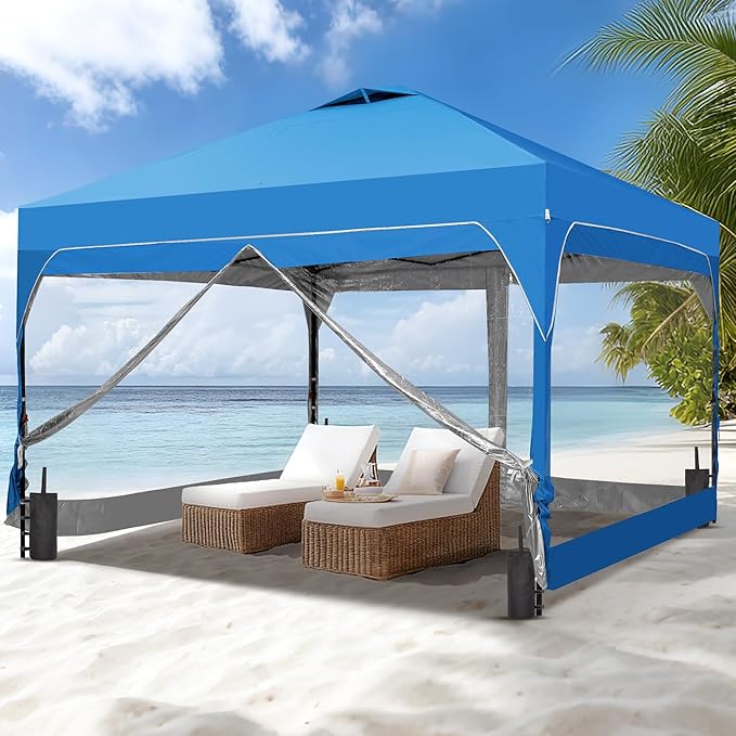 GDY 12x12FT Pop Up Canopy Tent with One Push Setup, Easy Setup Gazebo with 4 PVC Transparent Sidewalls for Events, Parties, Camping, Blue.