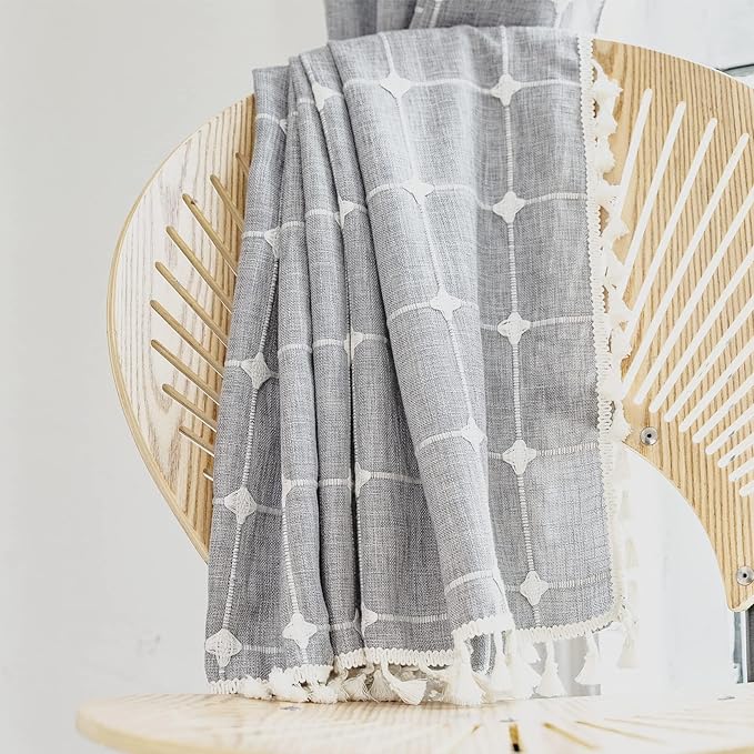 Deeprove Gray Boho Plaid Curtains 63 inch for Home Office Kitchen Nursery, Semi Blackout Casual Farmhouse Tassels Window Treatment Bohemian Embroidery Drape Rod Pocket 1 Panel 52 W x 63 L, Grey