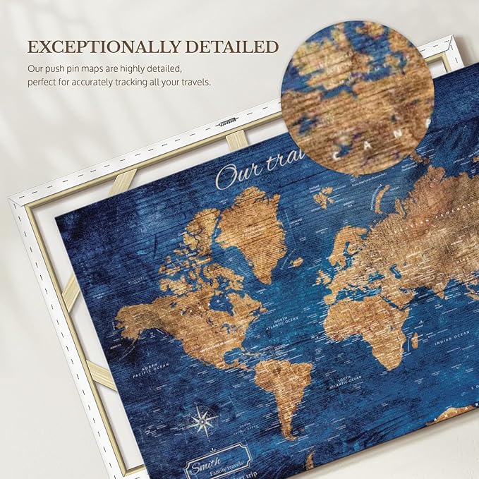 ElephantStock - Personalized Our Travel I Push Pin World Map Wall Art - Horizontal Canvas Wall Art - Living Room Wall Decor - Digital Art Map Canvas Art - Brown And Blue Decor - 45" x 30"