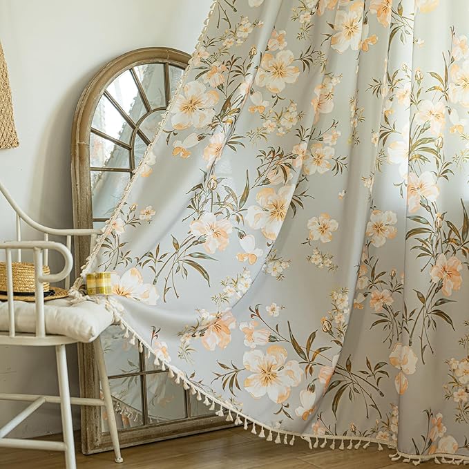 ENJOYBRIDAL Floral Curtains 96 Inches Long Living Room Bedroom Drapes Boho Dining Room Semi Sheer Farmhouse Window Curtains 2 Panels Cottage Core Cute Rod Pocket Window Treatments