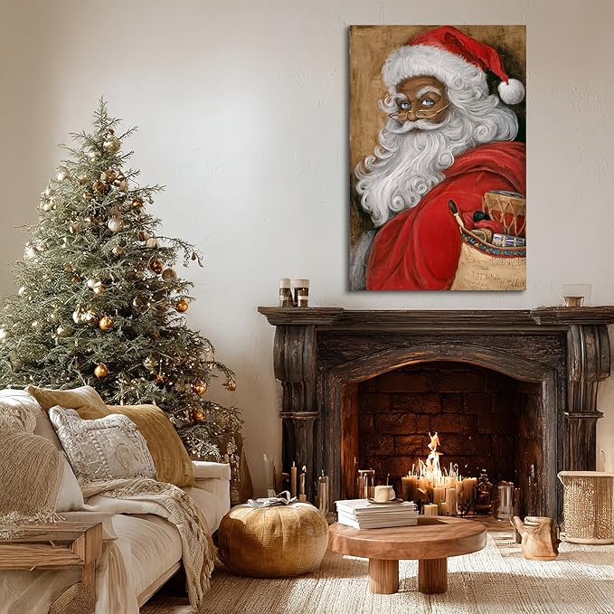 YONICA Christmas Canvas Wall Art Vintage Santa 12x16 Inch Retro Gift Bag with Toys - Large Framed Gallery Wrapped Traditional Decor
