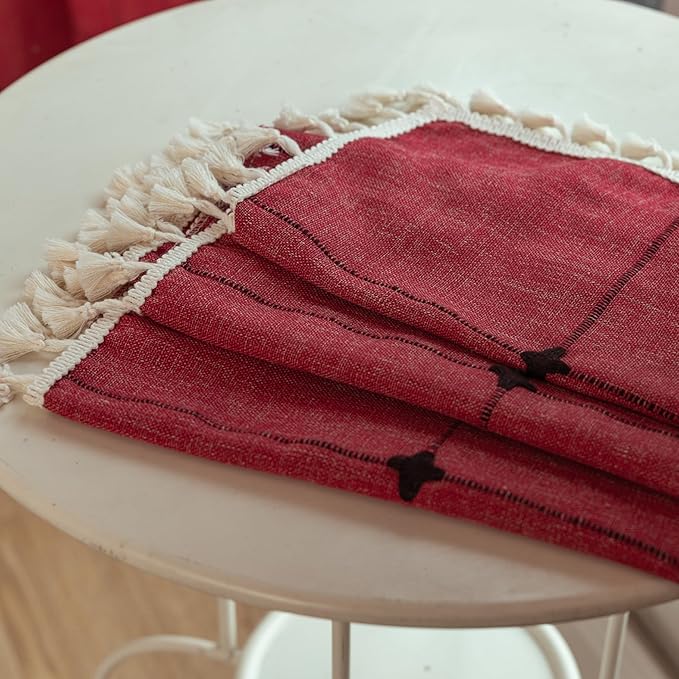 Deeprove Red Boho Curtains for Bedroom 63 Inches Long, Burgundy Checkered Bohemian Chic Textured Embroidery Plaids, Vintage Handmade Tassels Country Xmas Christmas Decor Drapery, 1 Panel W52 x L63