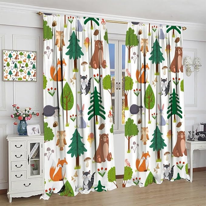 Jungle Animal Curtains, Woodland Animals Forest Pattern Blackout Window Treatments, Rod Pocket Thermal Insulated Drapes 2 Panel Sets for Kids Room Nursery Classroom, 72" W X 63" L