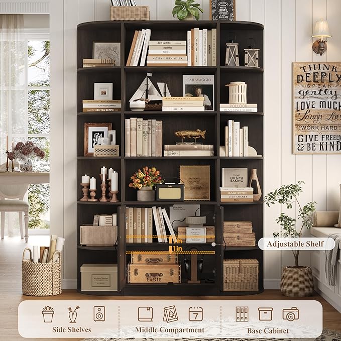 HOSTACK 75" Tall Book Shelf and Bookcase, 6 Tier Bookshelf with Storage, 47" Wide Bookcase with Doors, Freestanding Wood Display Shelves with Book Storage Cabinet for Home Office, Dark Brown