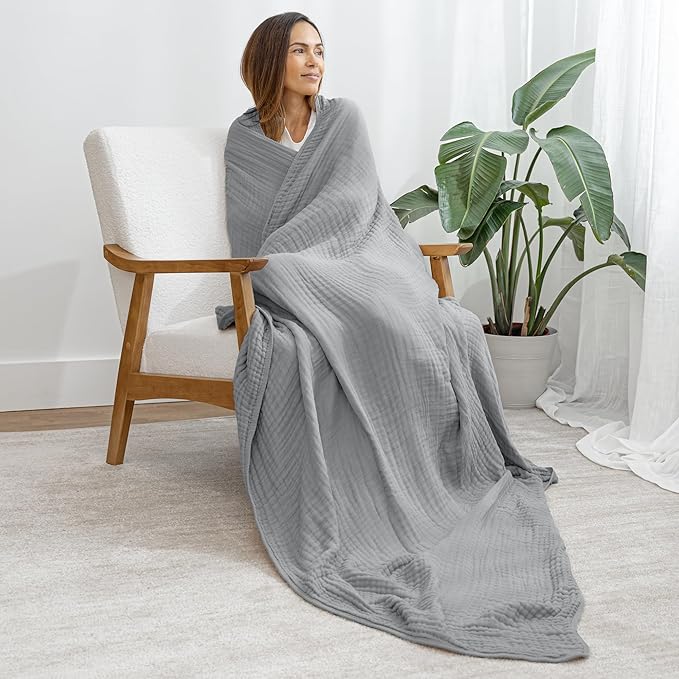 Comfy Cubs Muslin Throw Blanket - 50” x 60” Quilted Design - Lightweight, Breathable 6-Layer Gauze Fabric - Soft Cotton Blanket for Home or Travel - Packaged in Elegant Gift Box - Heather Blue