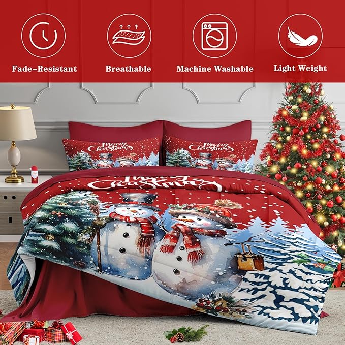 7 Pcs Queen Size Christmas Comforter Set with 2 Pillowcases & 2 Shams, Winter Wonderland Bedding for Kids and Adults, Happy Snowman Bed in a Bag with Flat Fitted Sheet
