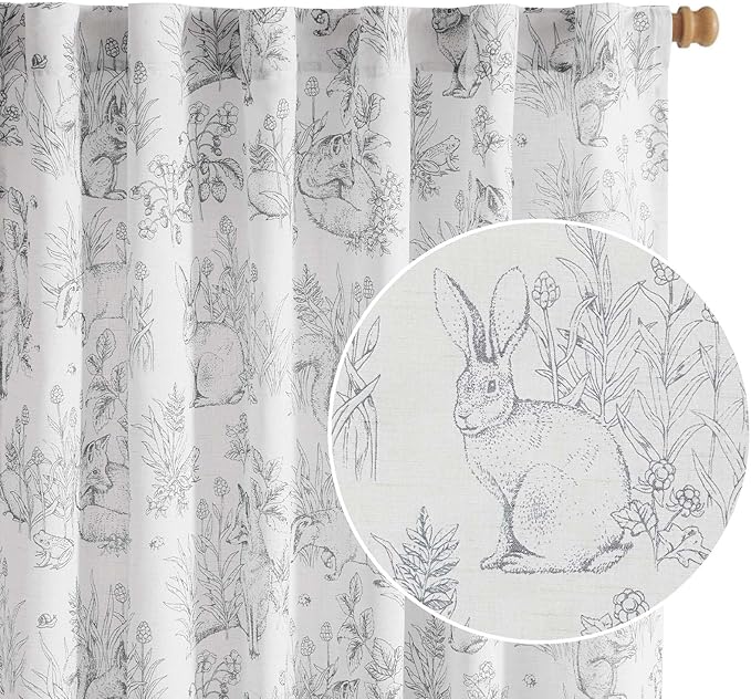 jinchan Linen Nursery Curtains 84 inch Long Woodland Wildlife Grey Print Drapes for Kid's Room Light Filtering French Country Farmhouse Gray Curtains with Bunny and Forest Design Set of 2 Panels