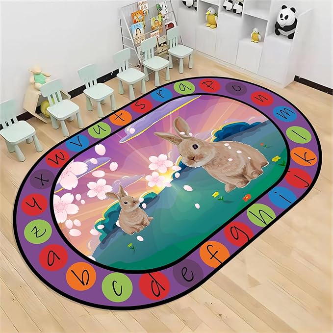 Rabbit Print Area Rug, 3x5ft, Bunny Sakura Flower Easter Floor Mat, Educational and Fun Rugs with ABC Alphabet, Non-Slip Washable Kids Play Mat for Boys and Girls Home Decor