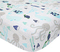 Lambs & Ivy Oceania 100% Cotton Fitted Crib Sheet - White with Blue Nautical/Aquatic Fish and Octopus