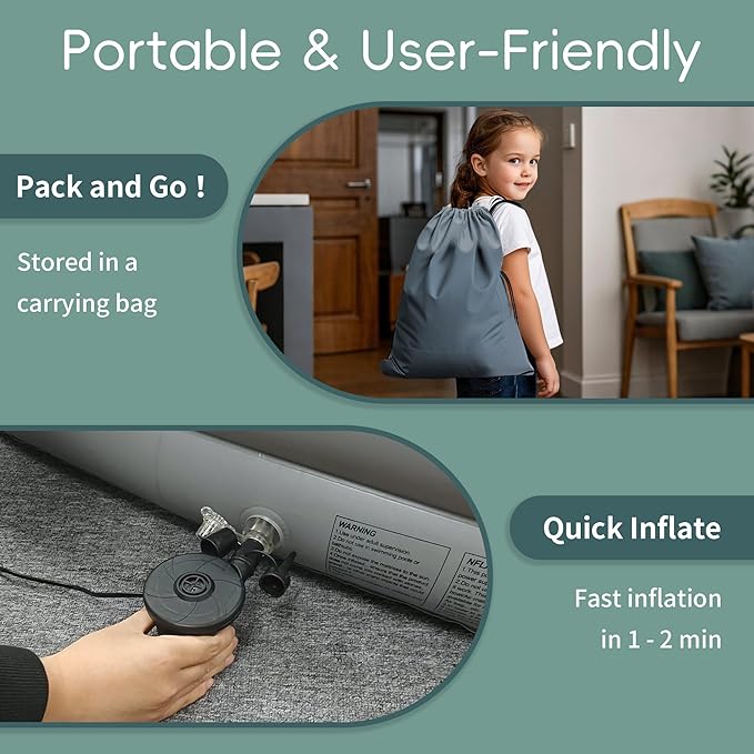 Inflatable Toddler Travel Bed, Portable Kids Air Mattress with Soft Bed Sheet, Toddler Air Mattress with Surround Safety Bumpers, Ideal for Home Use or Travel, Includes Pump and Carry Bag