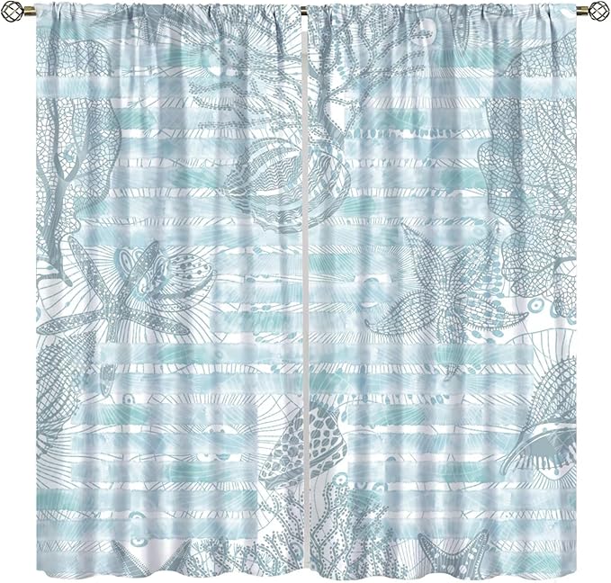 Starfish Curtains，Starfish and Seashells Coastal Curtain Ocean Themed Underwater Marine Decor Waterproof Fabric Curtain Set 2 Panels,42x54 Inches