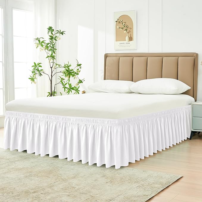 Biscaynebay Wrap Around Bed Skirts for Queen Beds 22" Long Drop, White Adjustable Elastic Dust Ruffles Easy Fit Wrinkle Resistant Silky Luxurious Fabric Machine Washable