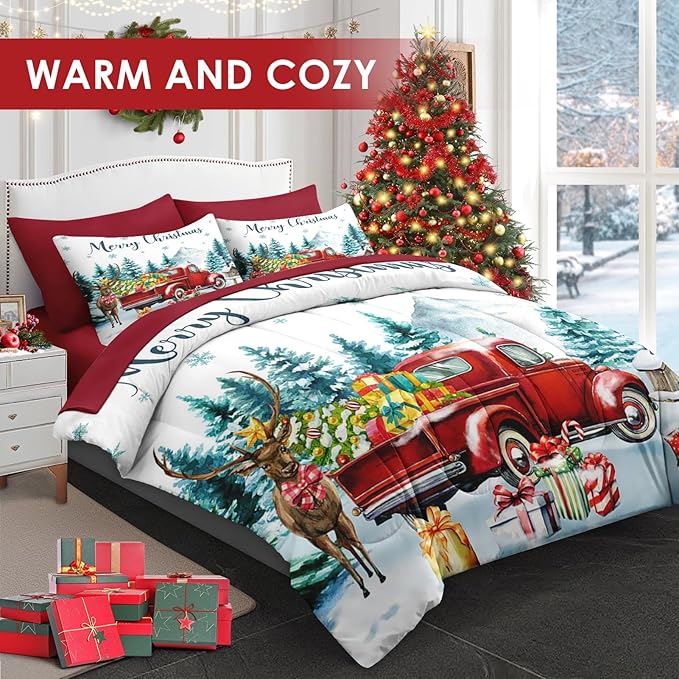 5 Pcs Twin Size Christmas Comforter Set with Pillowcase & Sham, Red Vintage Truck Elk Bedding for Kids and Adults, Winter Forest Bed in a Bag with Flat Fitted Sheet