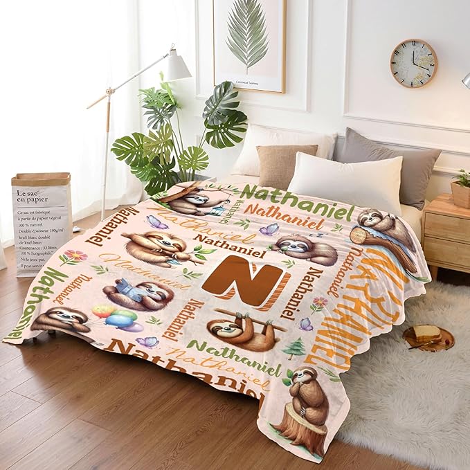 Personalized Custom Sloth Blanket Gifts for Kids Boys Girls with Name - Customized Sloth Super Soft Lightweight Flannel Sheets Decor for Crib Nap Couch - 50"x60" for Teens