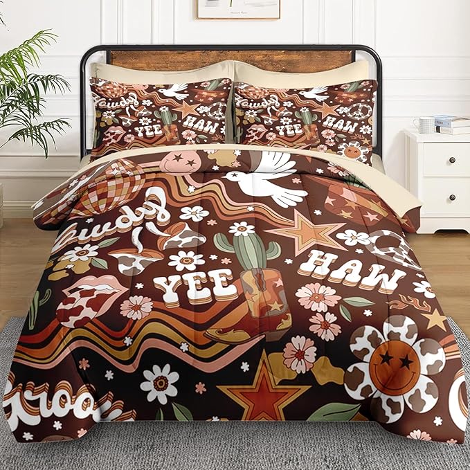 7 Pcs King Size Comforter Set with 2 Pillowcases & 2 Shams, Western Hippie Cowgirl Bedding for Kids and Adults, West Boho Cowboy Bed in a Bag with Flat Fitted Sheet