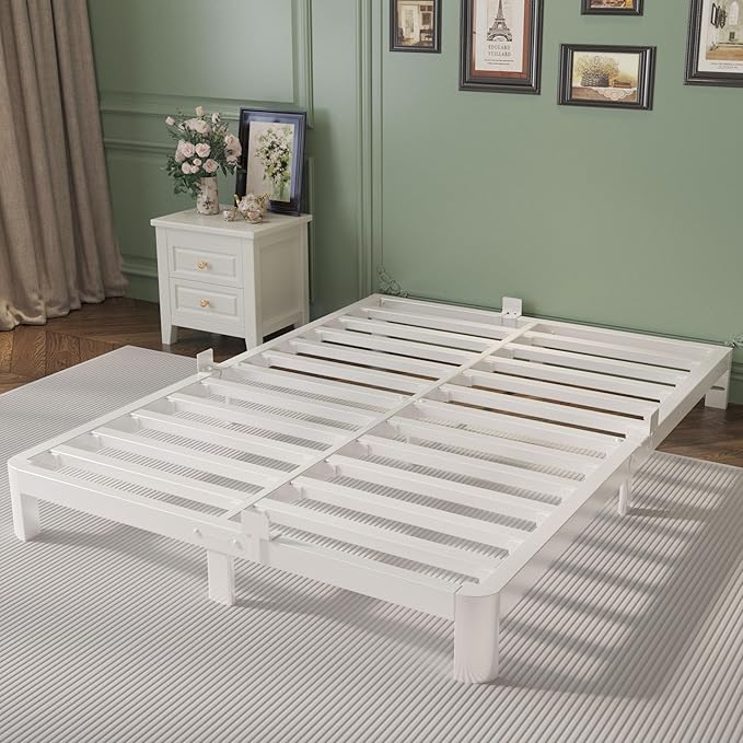 Queen Bed Frame 6 Inch White, Metal Bed Frame Queen Size with Gaskets, No Box Spring Need, Heavy Duty Steel Platform Support, Round Corner Design, Noiseless, Easy Assembly
