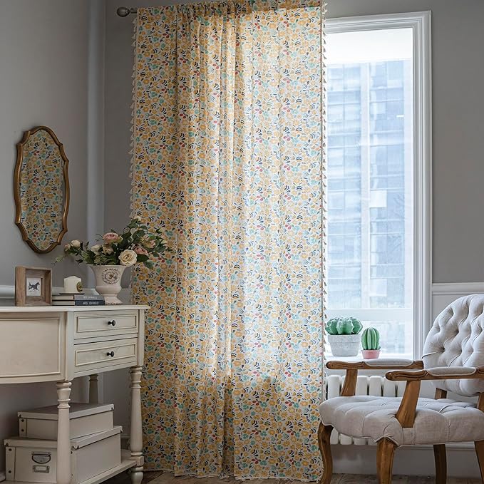 ENJOYBRIDAL Floral Curtains 96 Inch Length 2 Panels Tassel Boho Semi-Sheer Drapes Bedroom Living Room Farmhouse Rustic Country Yellow Green Flower Rod Pocket Cotton Linen Blend Window Curtain Panel